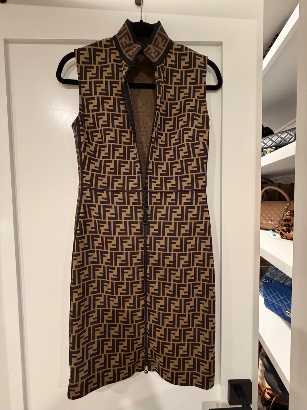 Fendi Brown & Tan FF Logo Sleeveless Zip Mini Dress